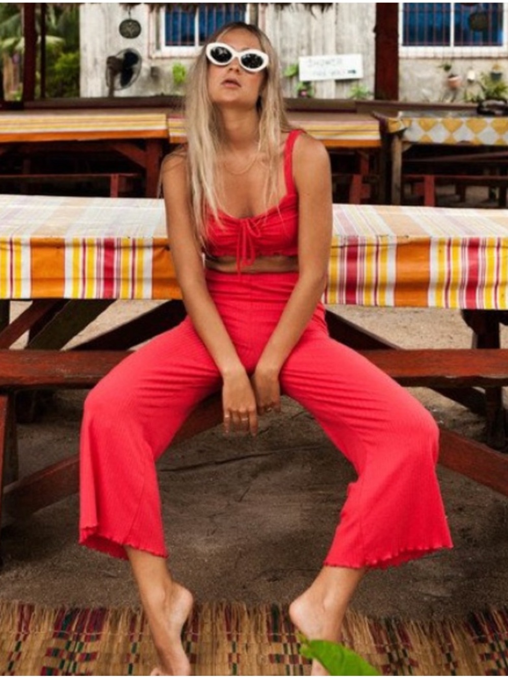 Billabong Ribbed Flare Cropped Pants Size L Red High Waist Stretchy
